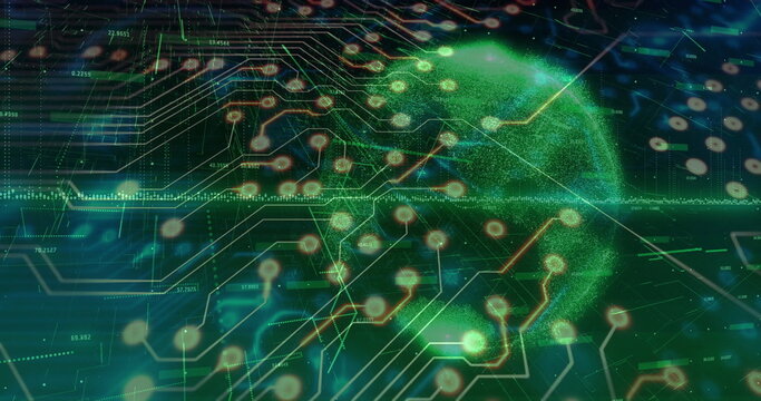 Showing glowing holographic sphere pulsing atop control interface, circuit lines and data readouts
