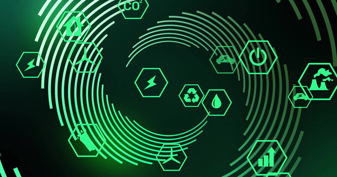Displaying central green rings rotating on dark interface, with hex icons showing sustainability