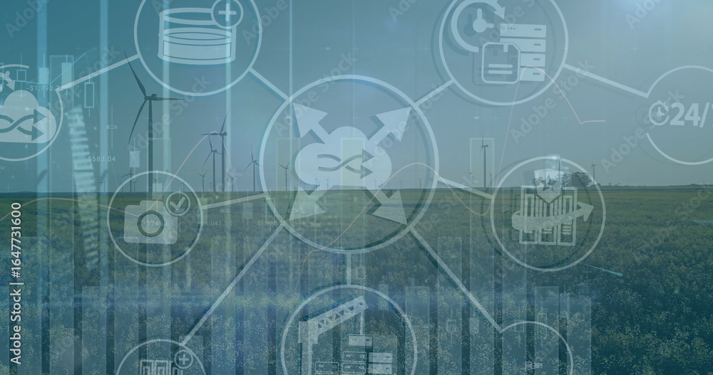 Poster displaying central network icon connecting wind turbines across green crop field, with data icons