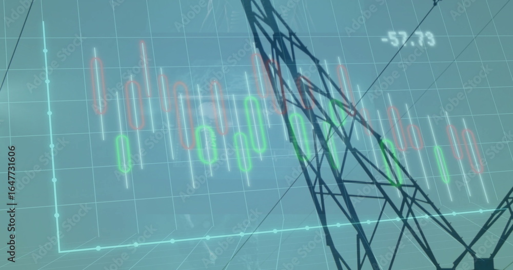 Poster overlaying black lattice tower on teal grid axes with candlestick chart, numeric label, copy space