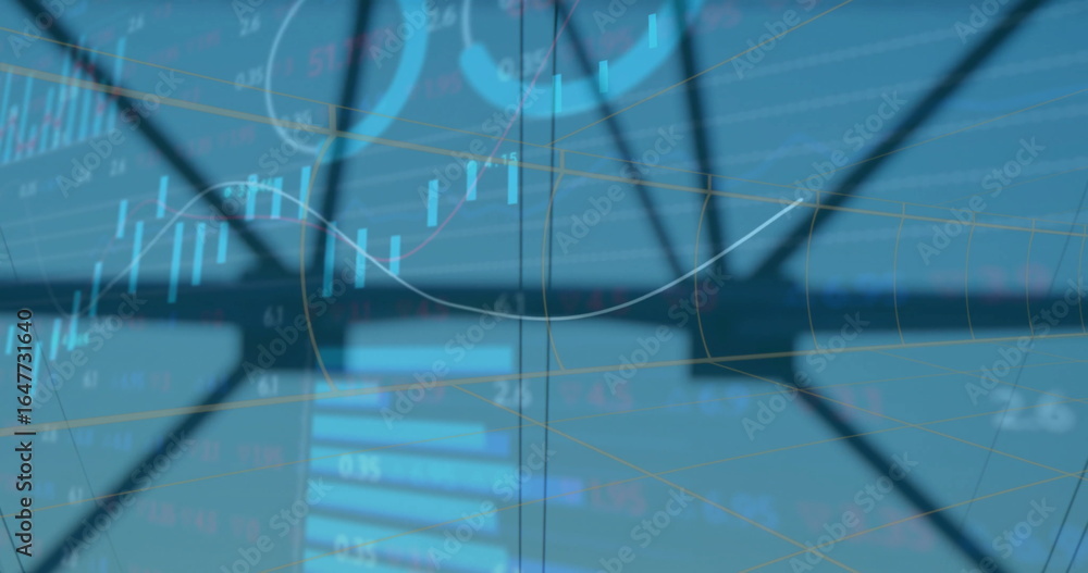 Aufkleber dark metal frame crossing trading dashboard, with candlestick bars line graph and numeric readouts