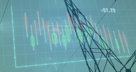 Overlaying black lattice tower on teal grid axes with candlestick chart, numeric label, copy space