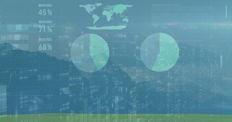 Overlaying dashboard over meadow under mountain peaks, showing pie charts world map percent labels