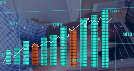 Typing businessman in checkered shirt using laptop at wooden desk, with financial bar chart overlay