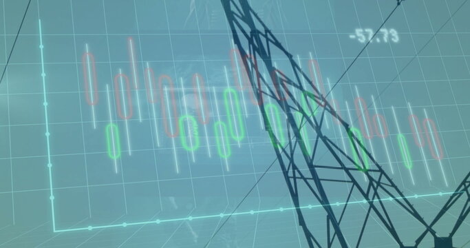 Overlaying black lattice tower on teal grid axes with candlestick chart, numeric label, copy space - Powered by Adobe