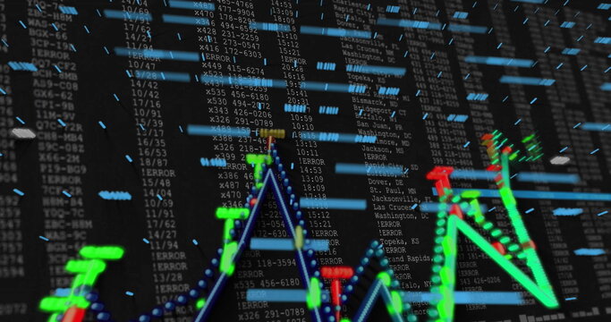 Displaying multicolored 3D financial line chart on dark digital screen, showing error code columns