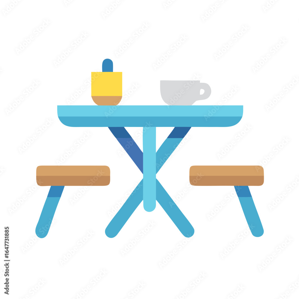 Poster flat design picnic table with coffee and refreshment against a black background