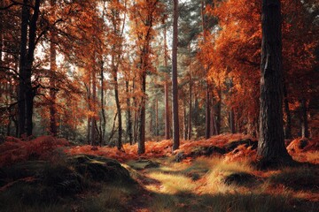 Obraz premium Autumn forest path bathed in sunlight