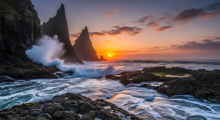 Dramatic ocean waves crashing against rugged sea stacks at a vibrant coastal sunset.