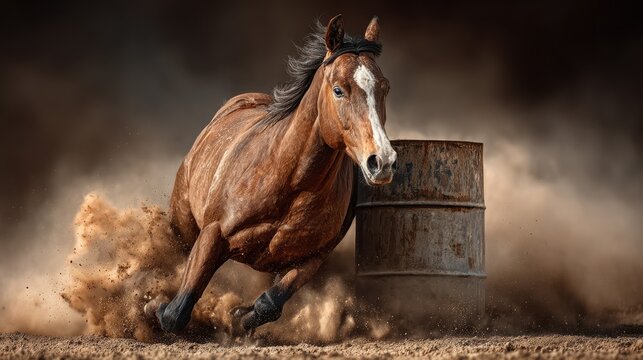 Horse galloping fiercely around a barrel at a riding arena during a competitive event in the early evening