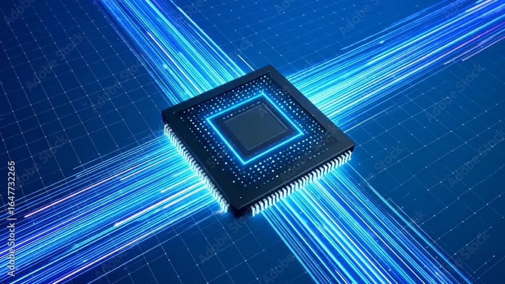 Aufkleber futuristic microchip with glowing data streams on grid