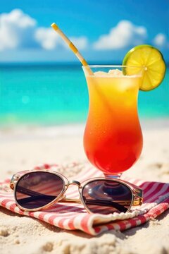 Summer Fun Sunglasses on Beach Towel near Vibrant Cocktail, Carefree and Flirty Vibe, Perfect for Travel and Summer Promotions