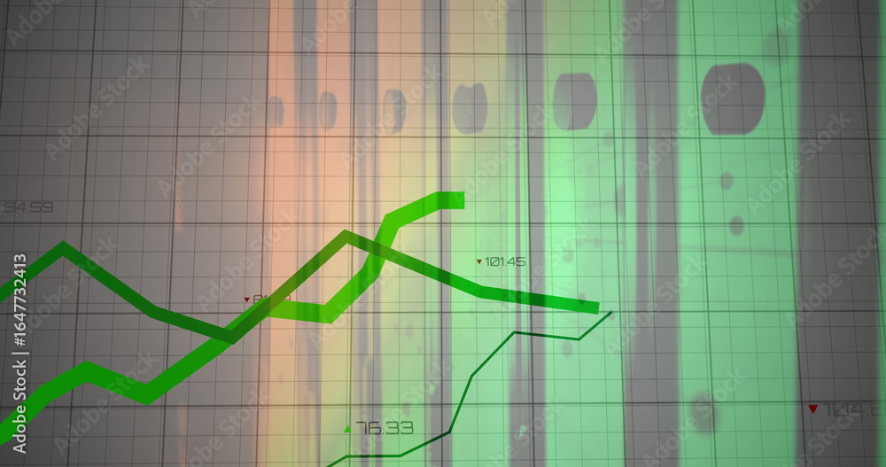 Poster displaying overlapping green line graphs on digital 3d grid, with colored panels and data markers