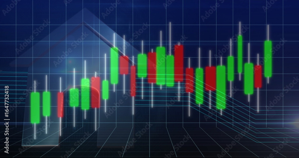 Poster Rendering candlestick chart with green-red bars and wicks in dashboard 3D grid showing axis lines