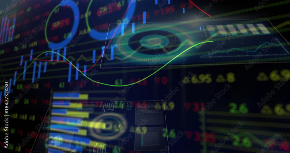 Poster displaying dashboard showing line, bar and gauge charts with numeric tickers on trading screen