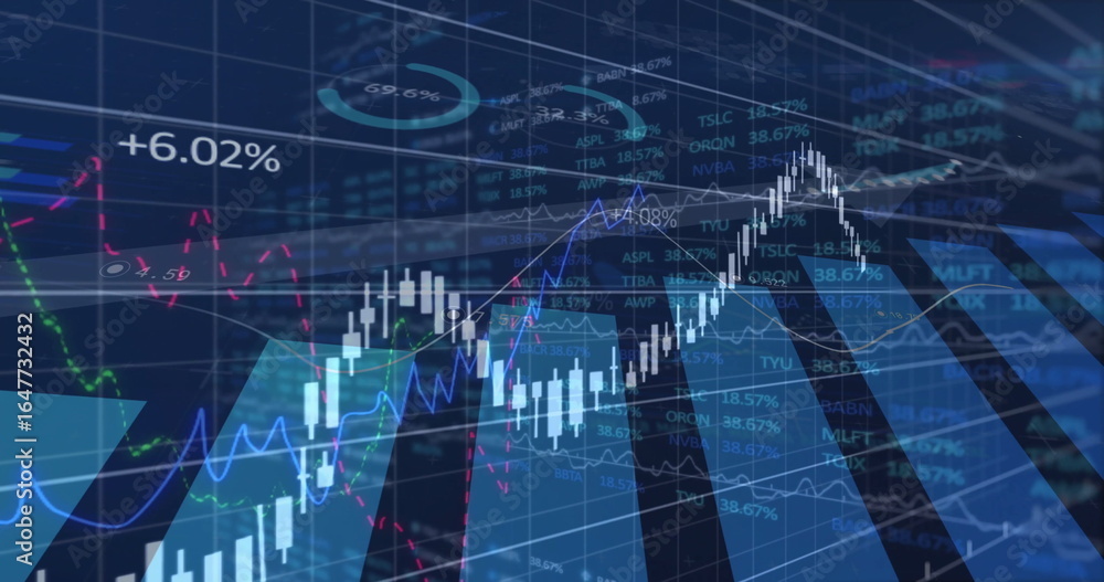 Poster displaying candlestick chart rising at trading interface, with ticker symbols and data labels