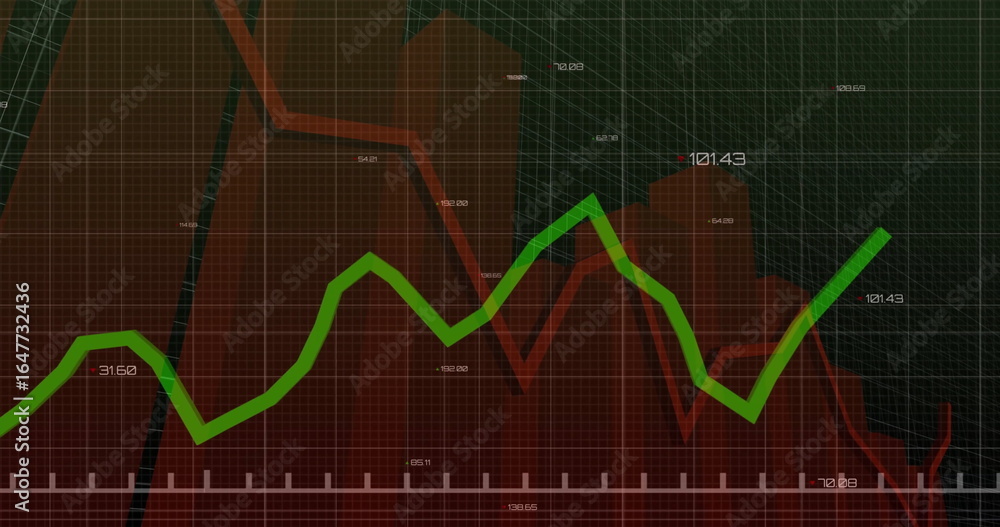 Poster displaying green fluctuating data line moving across dashboard grid overlay, with red area graph