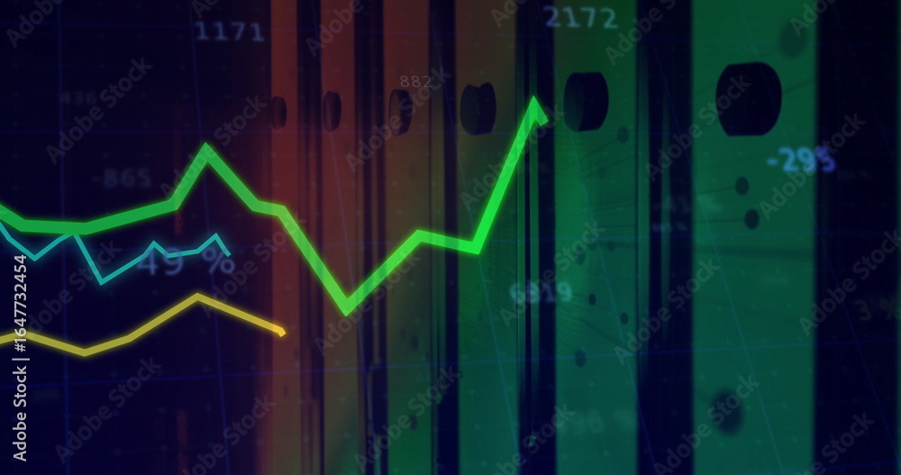 Poster showing lime green zigzag line graph climbing on dark analytics panel, with bars and numeric labels