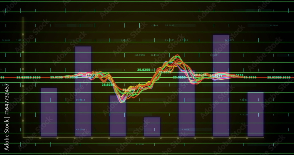 Poster displaying data visualization chart on analytics dashboard, with purple bars and multicolored lines