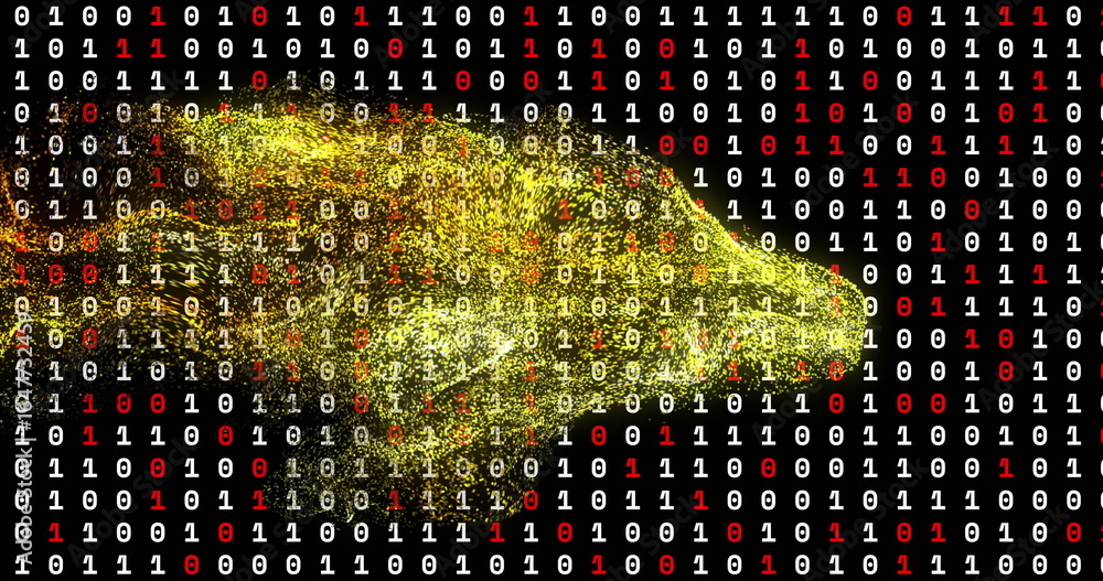 Poster flowing golden-yellow particles drifting across in digital matrix, with white-red binary digits