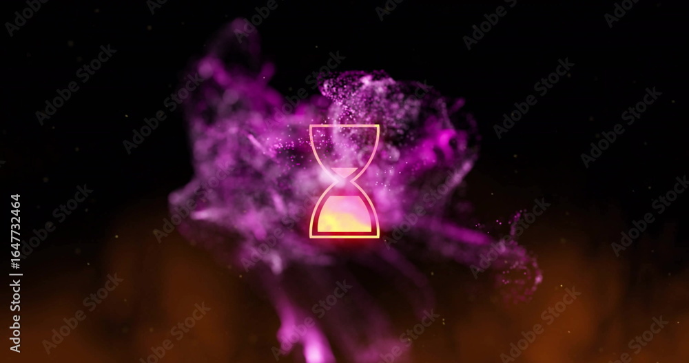 Poster glowing hourglass icon hovering inside swirling particle cloud in dark void, with glowing specks