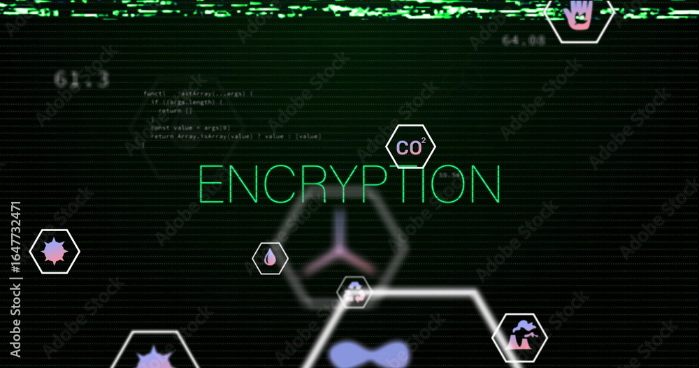 Poster neon green encryption text pulsating on terminal screen, with hex icons, glitch lines, code snippet