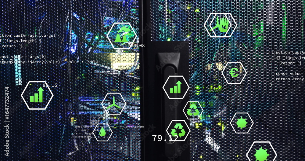 Aufkleber displaying server rack door revealing switches in data center showing hexagon energy and code icons