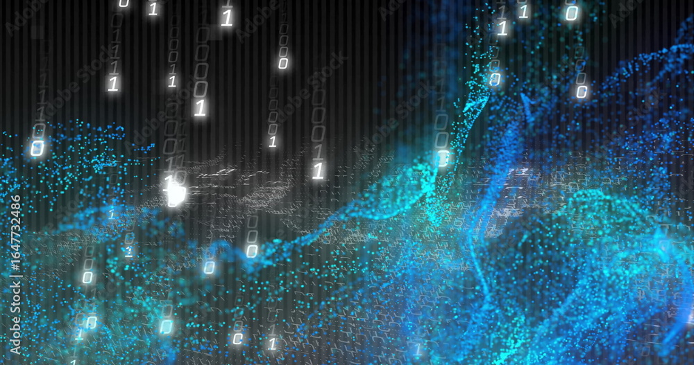 Poster flowing central wave of blue and cyan particles undulating in data network, with binary digits