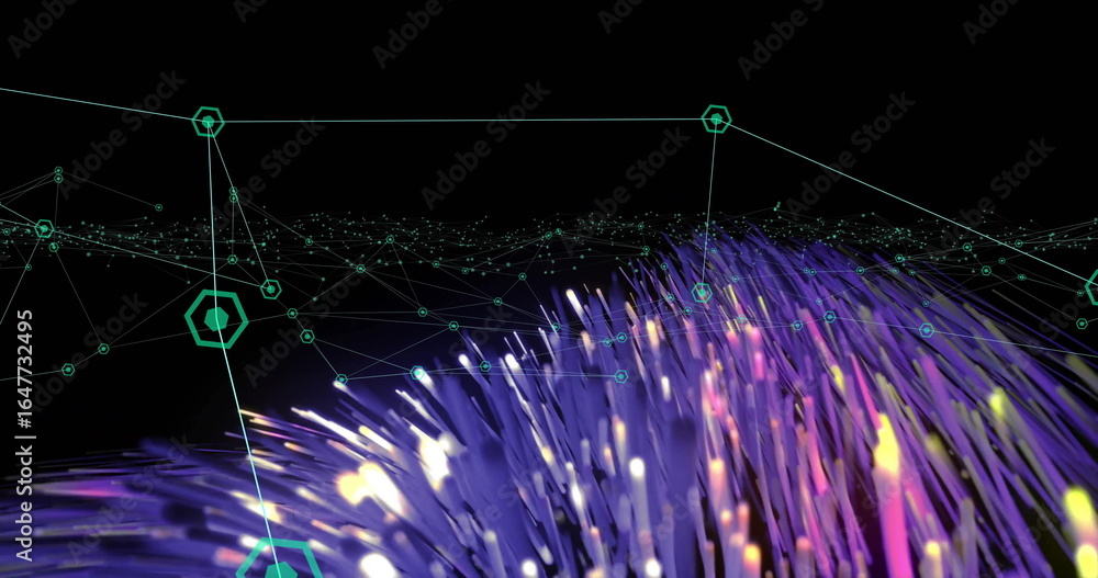 Poster rising filaments flowing through network space with hexagonal nodes, thin lines and circular points