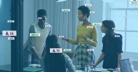 Four women wearing business attire analyzing digital overlays at conference table, with laptop
