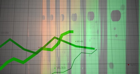 Displaying overlapping green line graphs on digital 3D grid, with colored panels and data markers