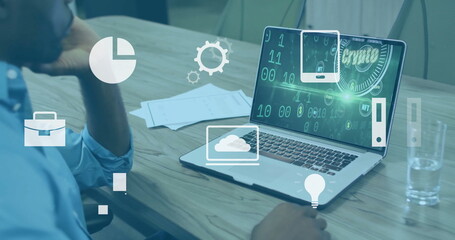 Leaning blue-shirted man analyzing crypto NFT laptop screen with icons at office table, copy space