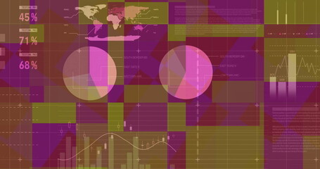 Displaying digital dashboard interface on screen, with world map, pie charts and candlestick charts