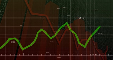Displaying green fluctuating data line moving across dashboard grid overlay, with red area graph