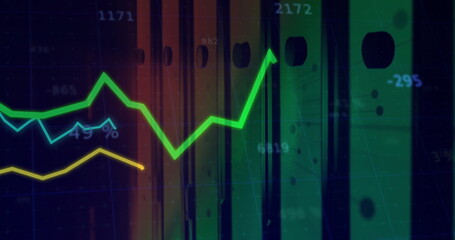 Showing lime green zigzag line graph climbing on dark analytics panel, with bars and numeric labels