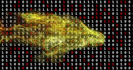 Flowing golden-yellow particles drifting across in digital matrix, with white-red binary digits