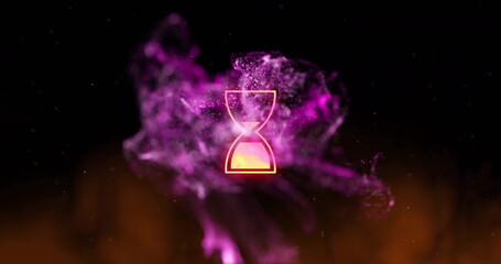 Glowing hourglass icon hovering inside swirling particle cloud in dark void, with glowing specks