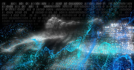 Streaming waveform forming binary digits and data particles across digital grid, with code streams