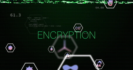 Neon green ENCRYPTION text pulsating on terminal screen, with hex icons, glitch lines, code snippet