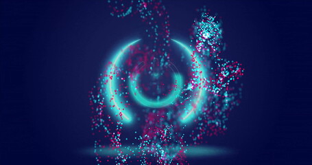 Swirling neon rings and circle converging in dark-blue space, with turquoise and magenta particles