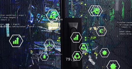 Displaying server rack door revealing switches in data center showing hexagon energy and code icons