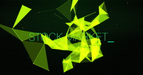 Showing yellow-green polygons connected by lines on data screen, with neon-green STOCK MARKET_ text