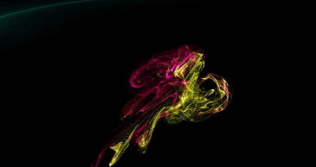 Floating neon particle cloud swirling in deep black void, with fine dot-like smoke texture