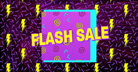 Displaying bold flash sale lettering over purple square on dark purple field with lightning bolts
