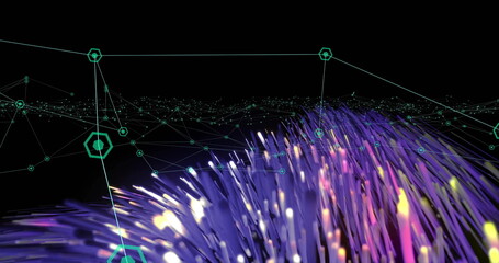 Rising filaments flowing through network space with hexagonal nodes, thin lines and circular points