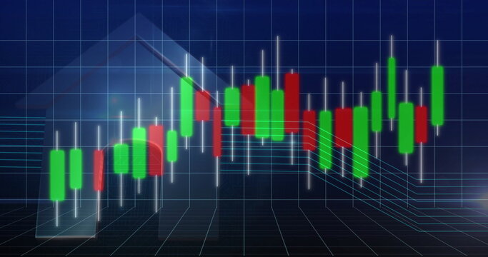Rendering candlestick chart with green-red bars and wicks in dashboard 3D grid showing axis lines