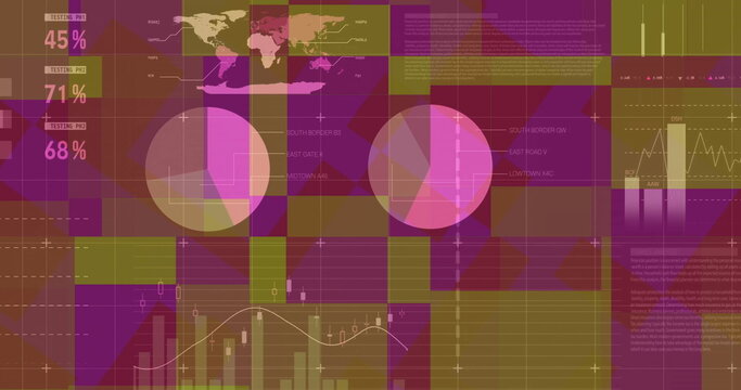 Displaying digital dashboard interface on screen, with world map, pie charts and candlestick charts