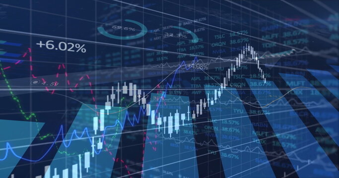 Displaying candlestick chart rising at trading interface, with ticker symbols and data labels - Powered by Adobe