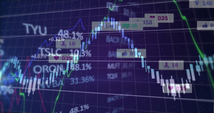 Displaying trading interface on dark-blue grid with candlesticks, line graphs, tickers social icons - Powered by Adobe