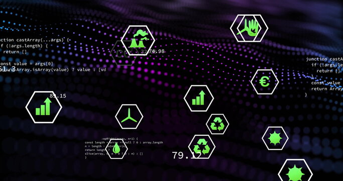 Animating hexagon icons and code fragments flowing in purple wave interface, environmental finance